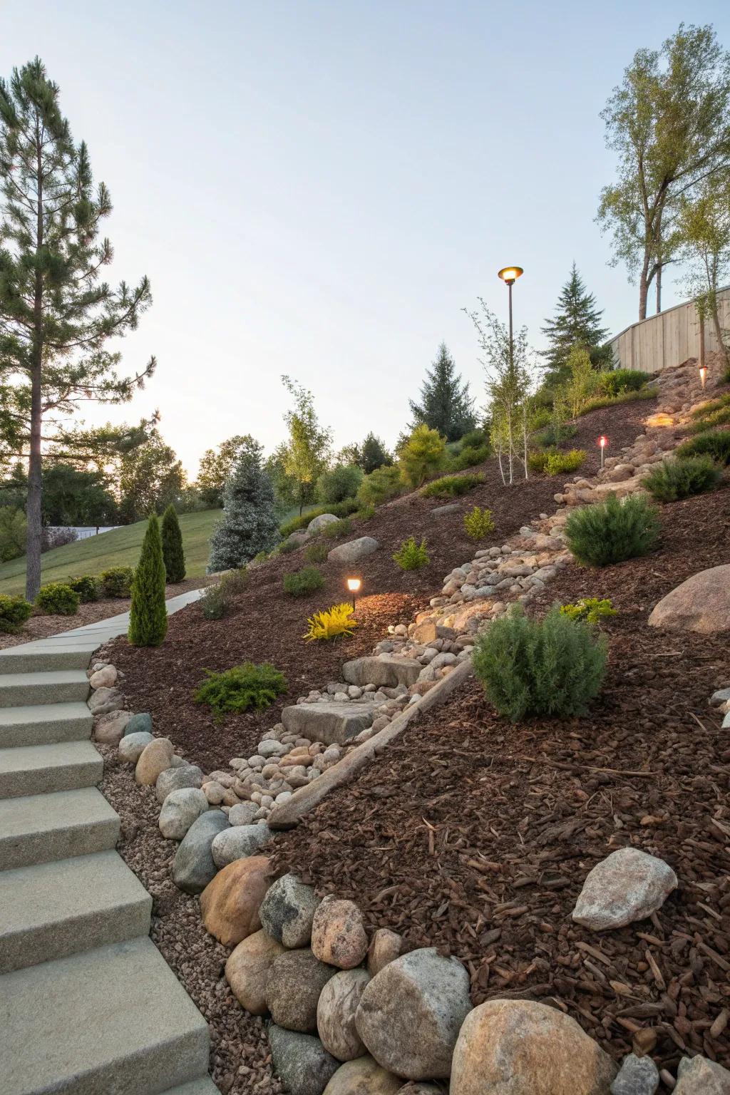 Safeguard and beautify inclines with mulch and stones.