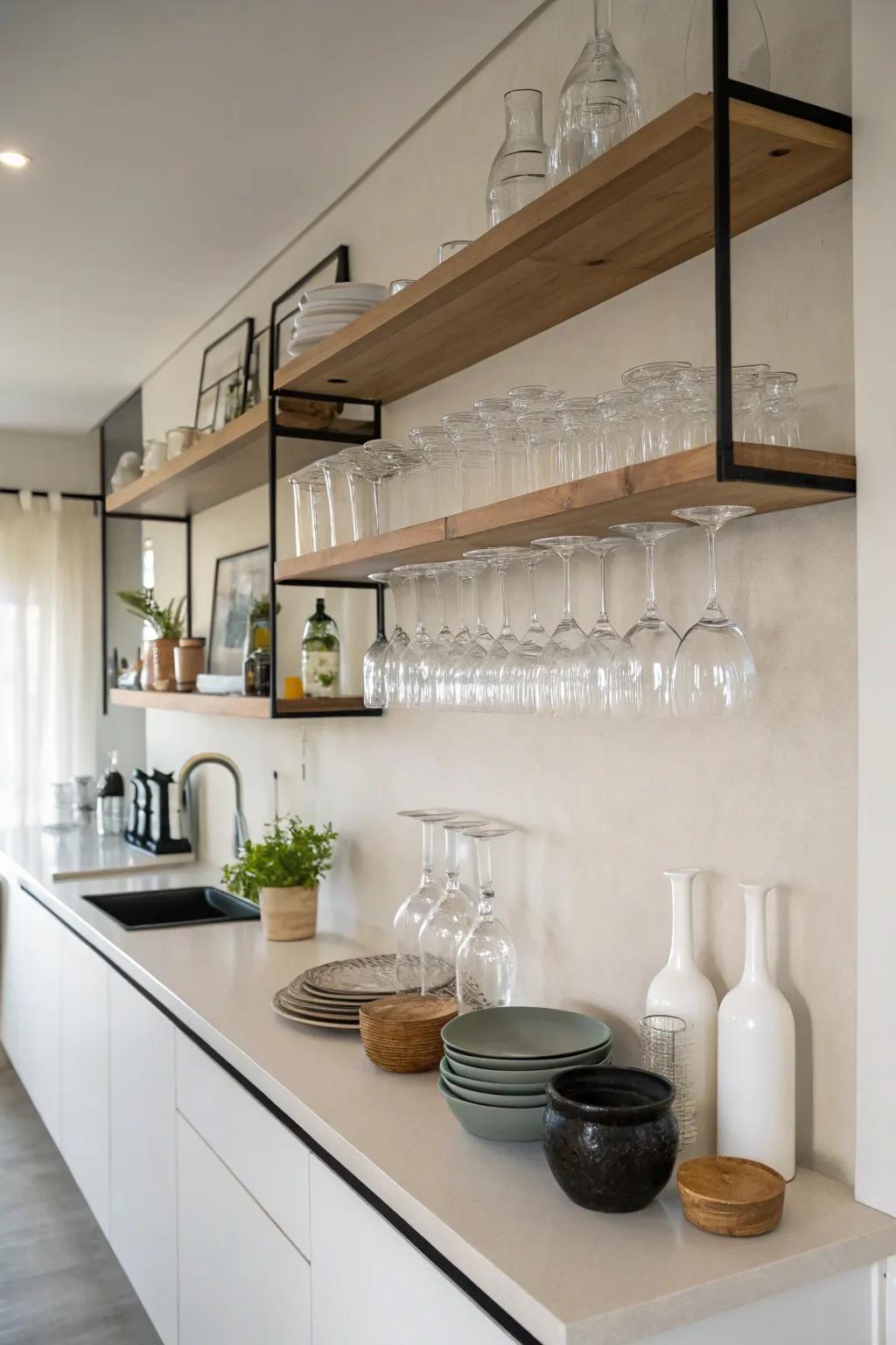 Floating shelves are a modern and open storage solution for glassware.