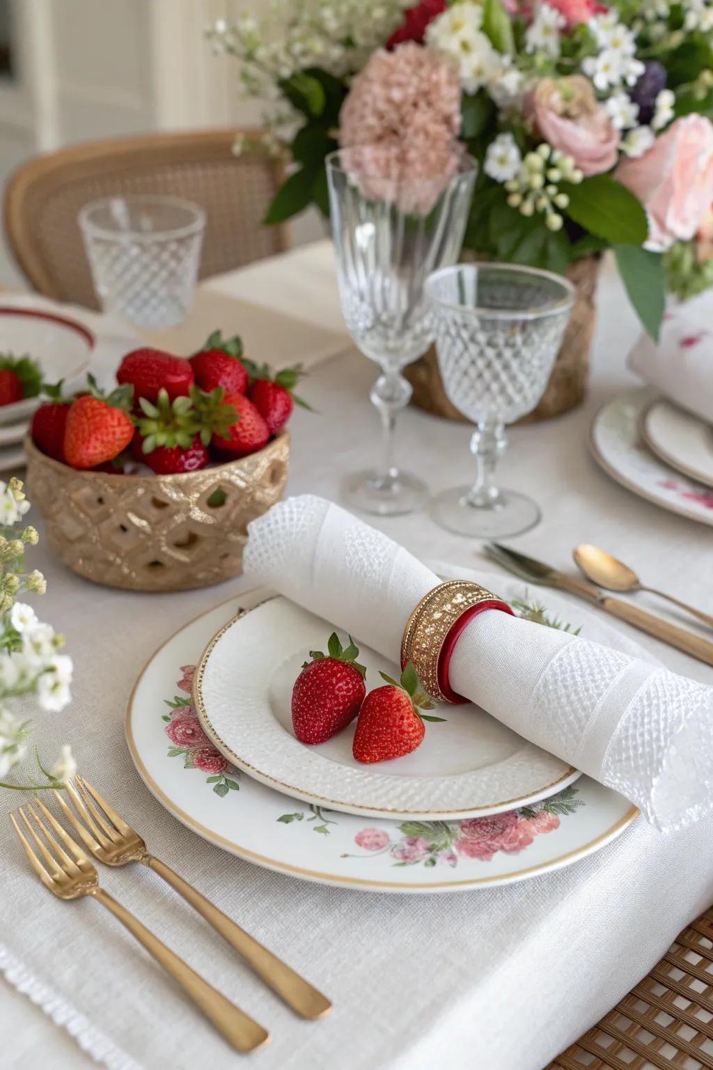 Playful strawberry napkin rings adding a whimsical touch to the table setting.