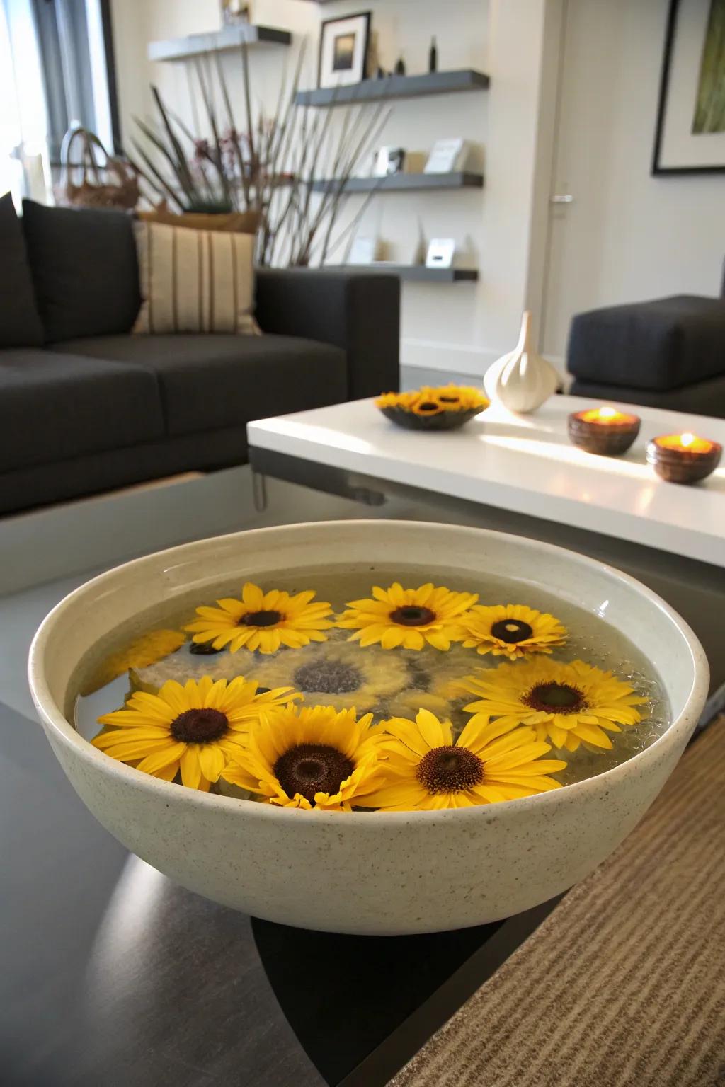 A captivating floating sunflower display for your coffee table.