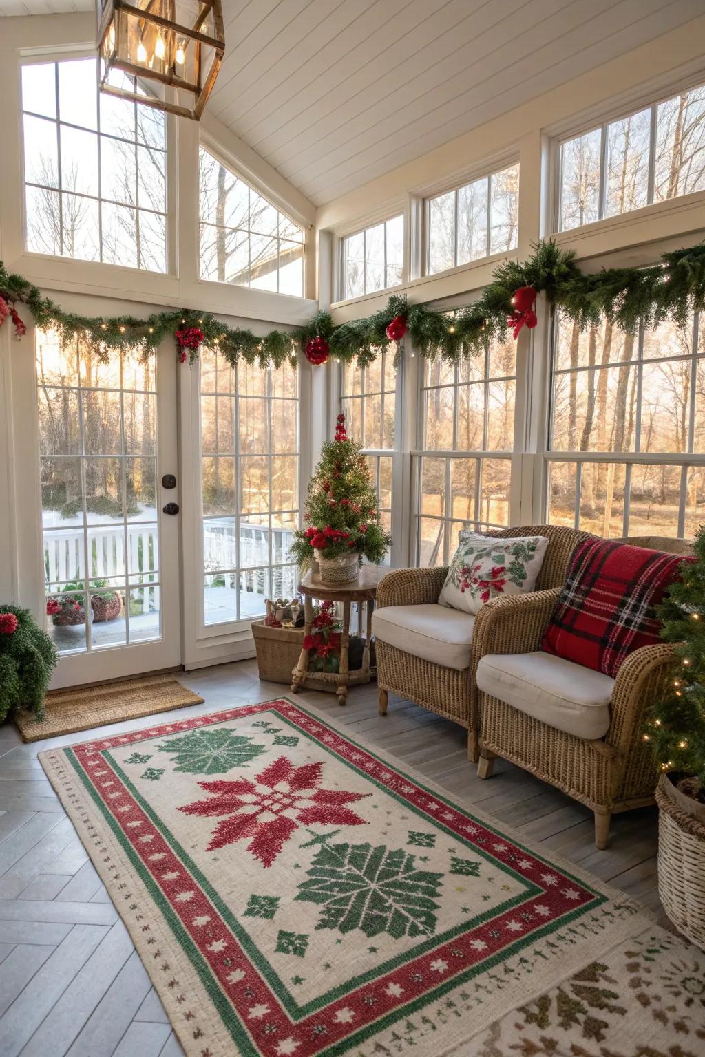 A holiday-themed mat unifies your sunroom decor.