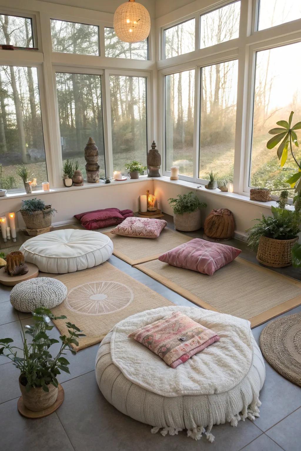 A contemplation space delivers tranquility within the sunroom.