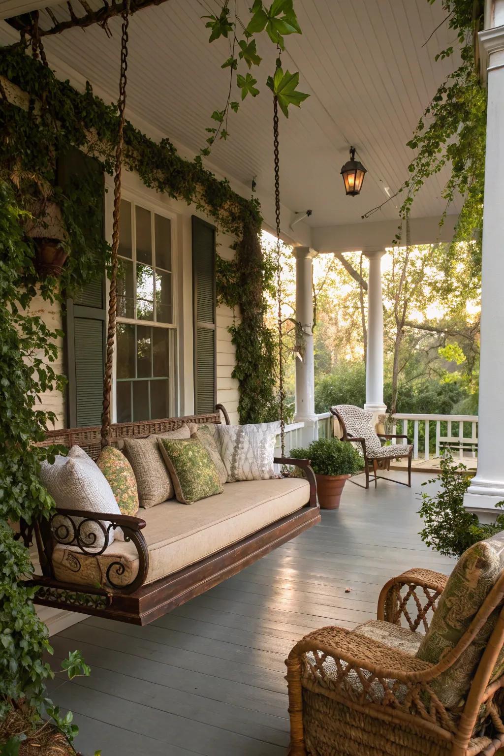 A mahogany porch swing brings timeless elegance.