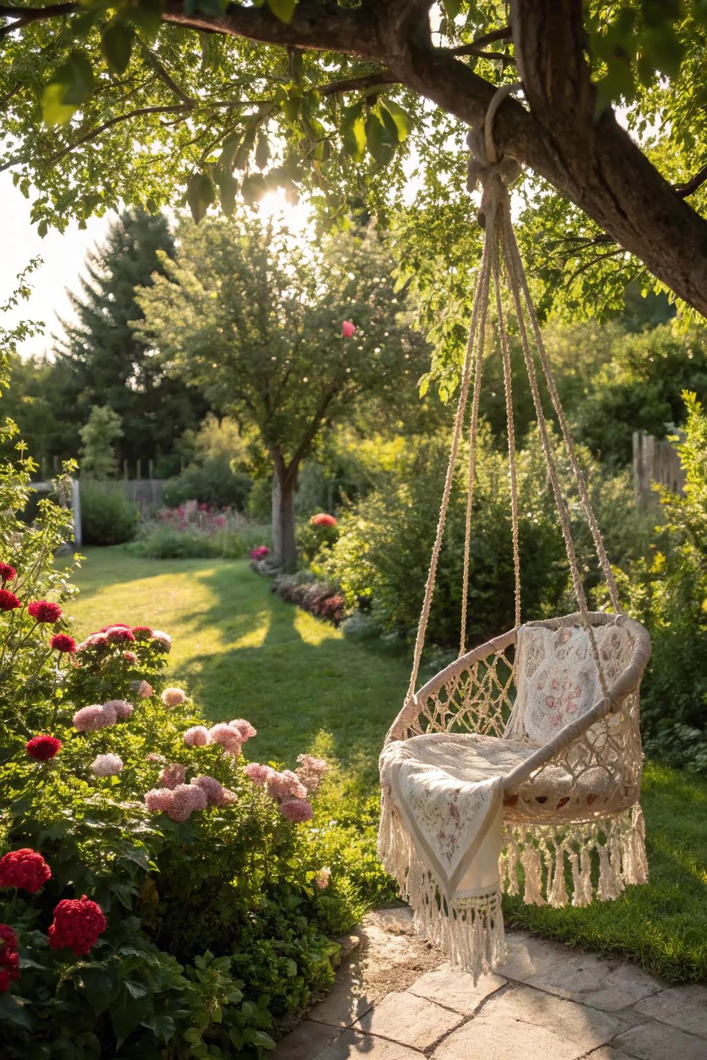 A macrame swing introduces artistic flair to this garden scene.