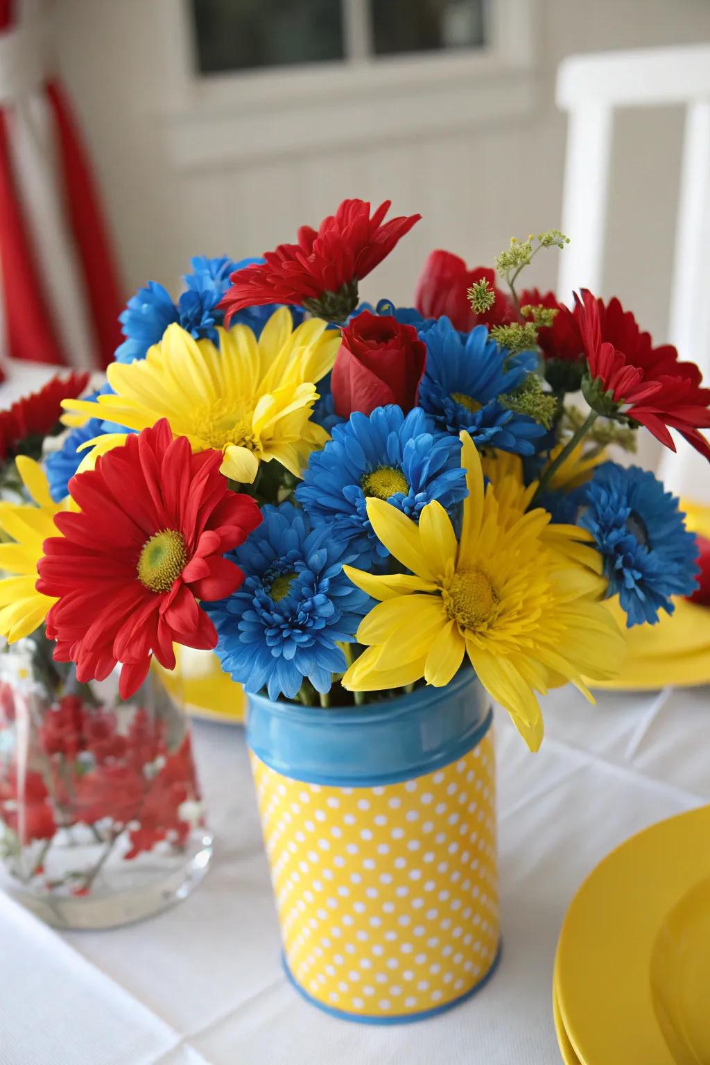 A bold centerpiece featuring a splash of basic-shaded blooms.