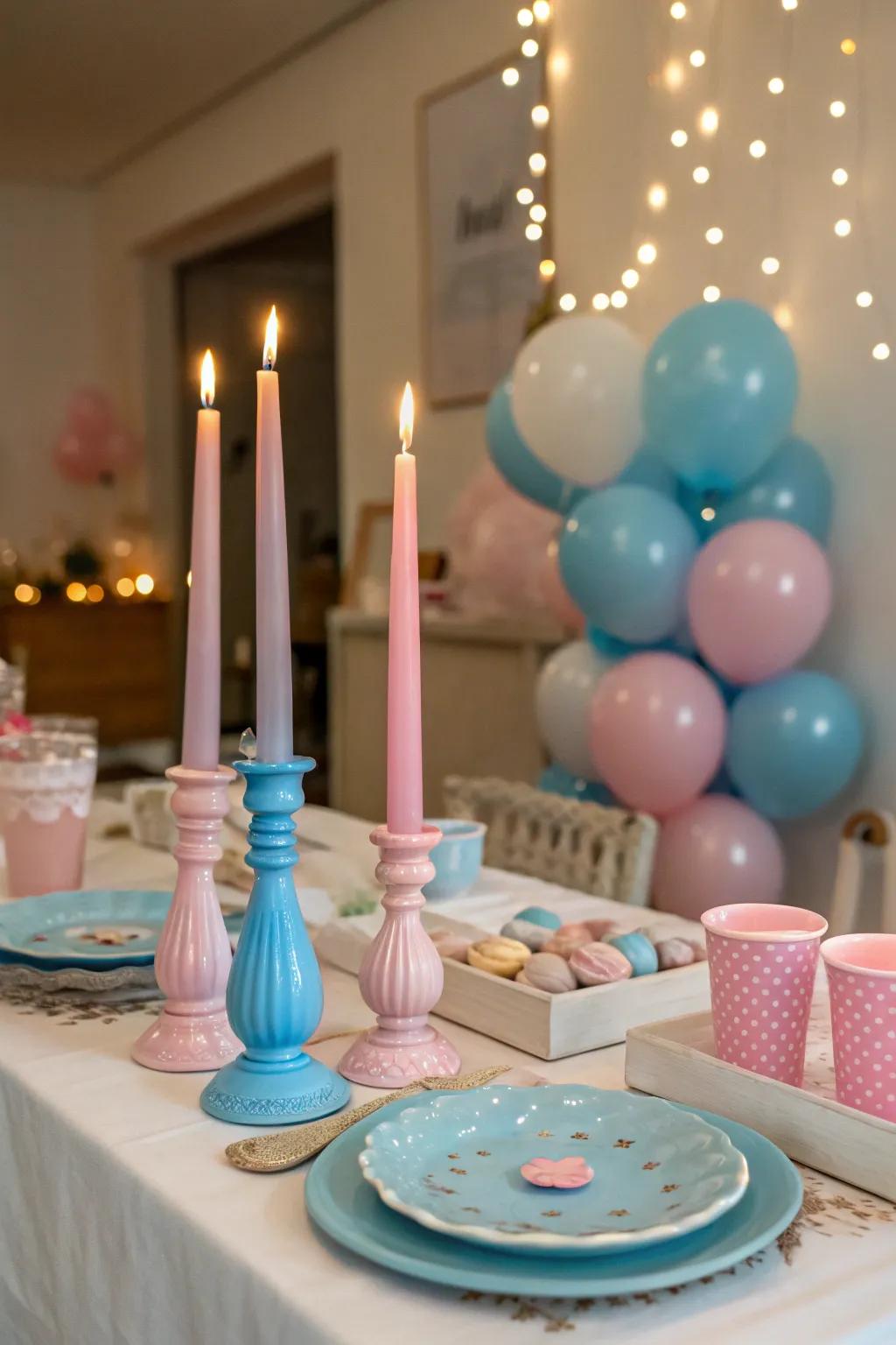 Lighting sticks in themed holders create a warm and inviting ambiance.