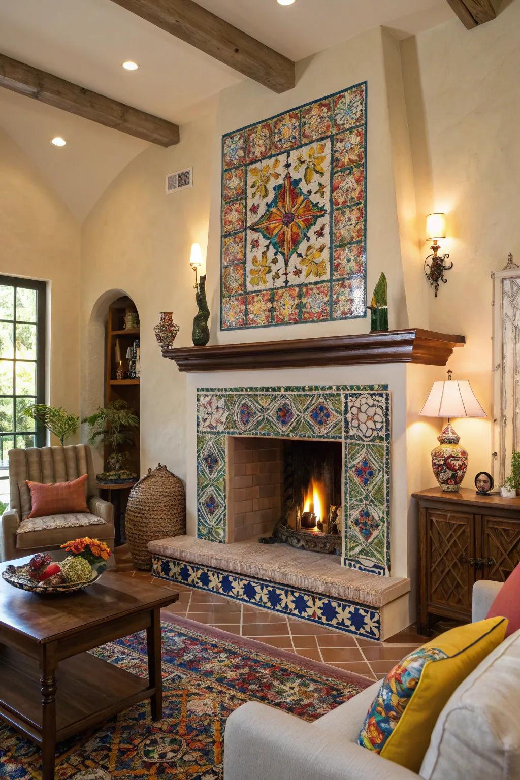 Incorporate warmth to your living space with a Majolica-tiled fireplace.
