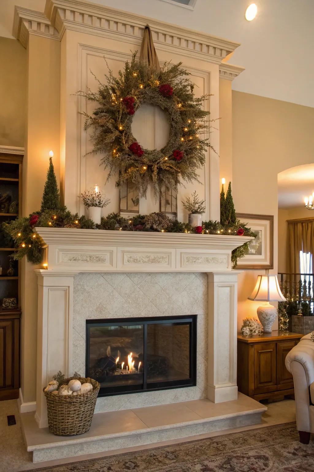 A high mantel featuring a periodic garland adding a festive touch.