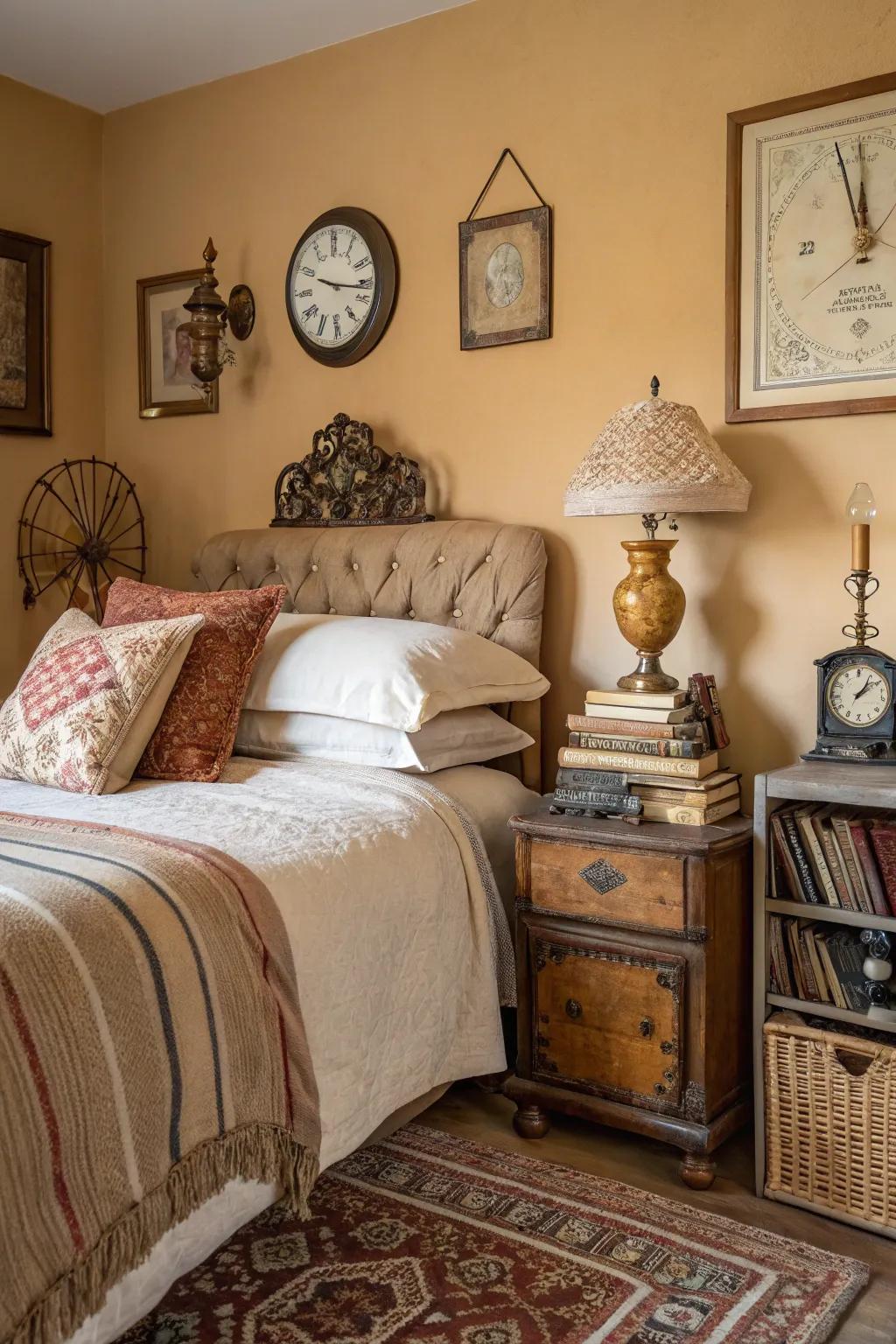 The tan bedroom is given character and charm by the addition of vintage items.