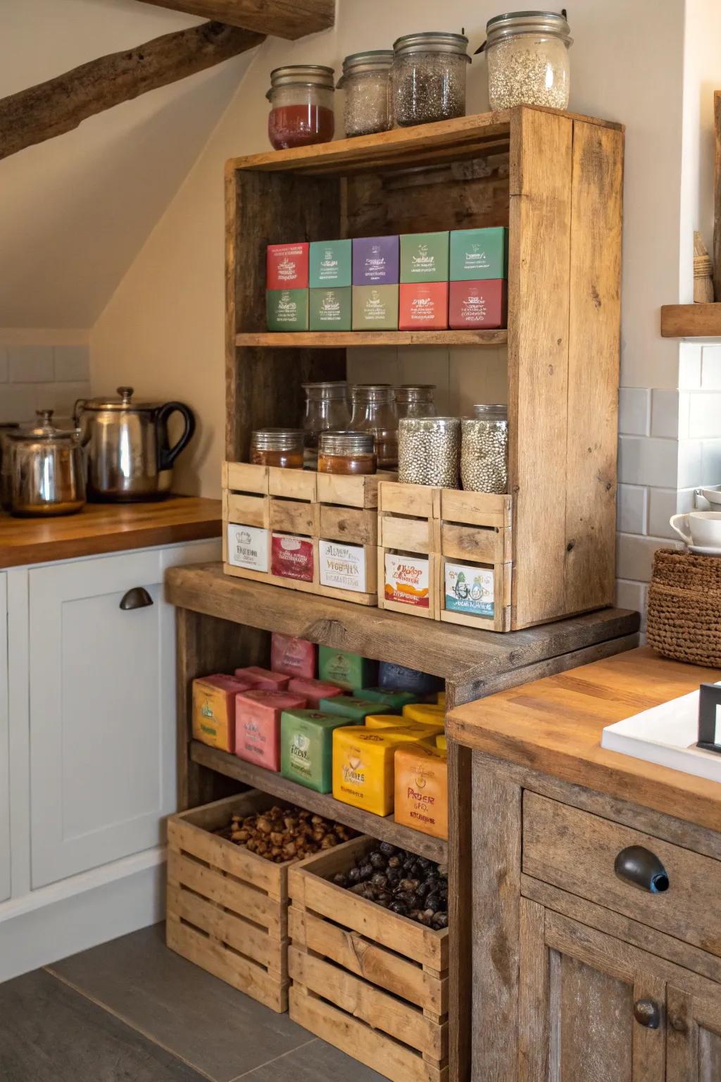 Country-style wooden crates are ideal for storing tea.