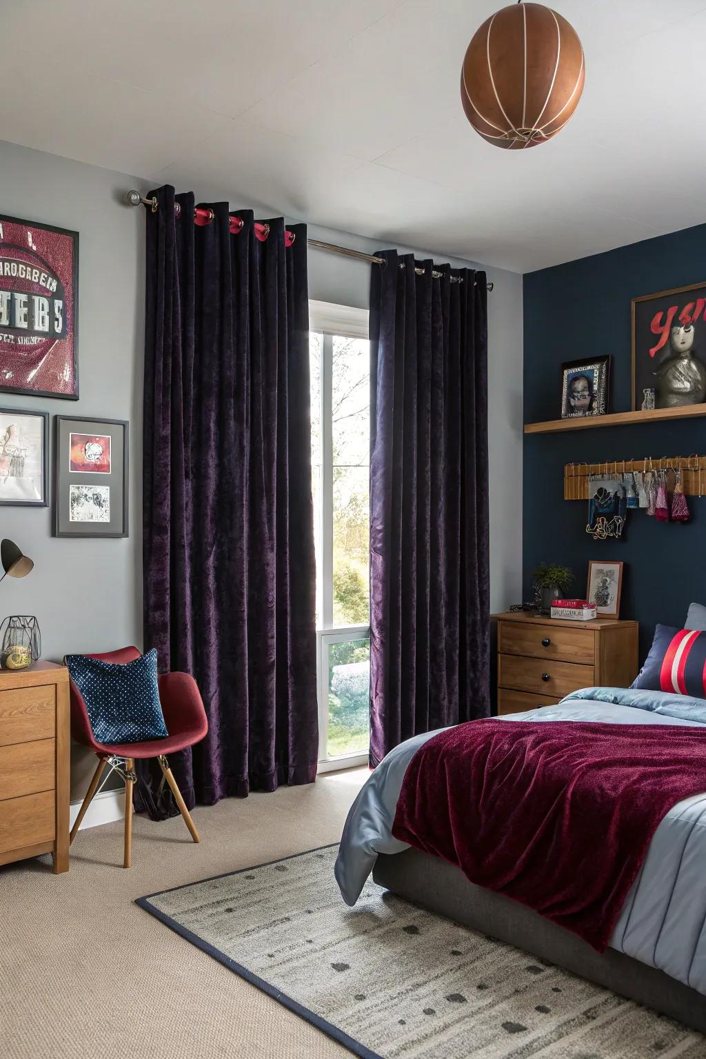 Velvet drapes introduce a hint of luxury and warmth.