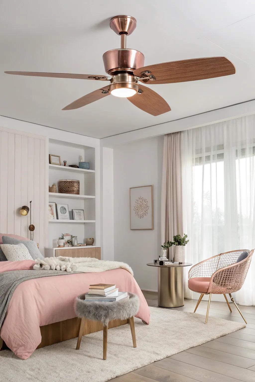 A rose gold air circulator combines style with functionality.