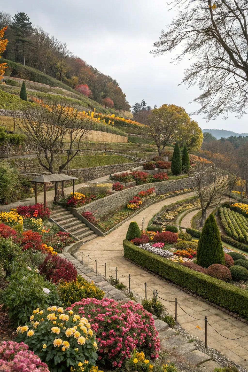 Seasonal decor in a terraced garden, making sure the space remains fresh and inviting throughout the year.
