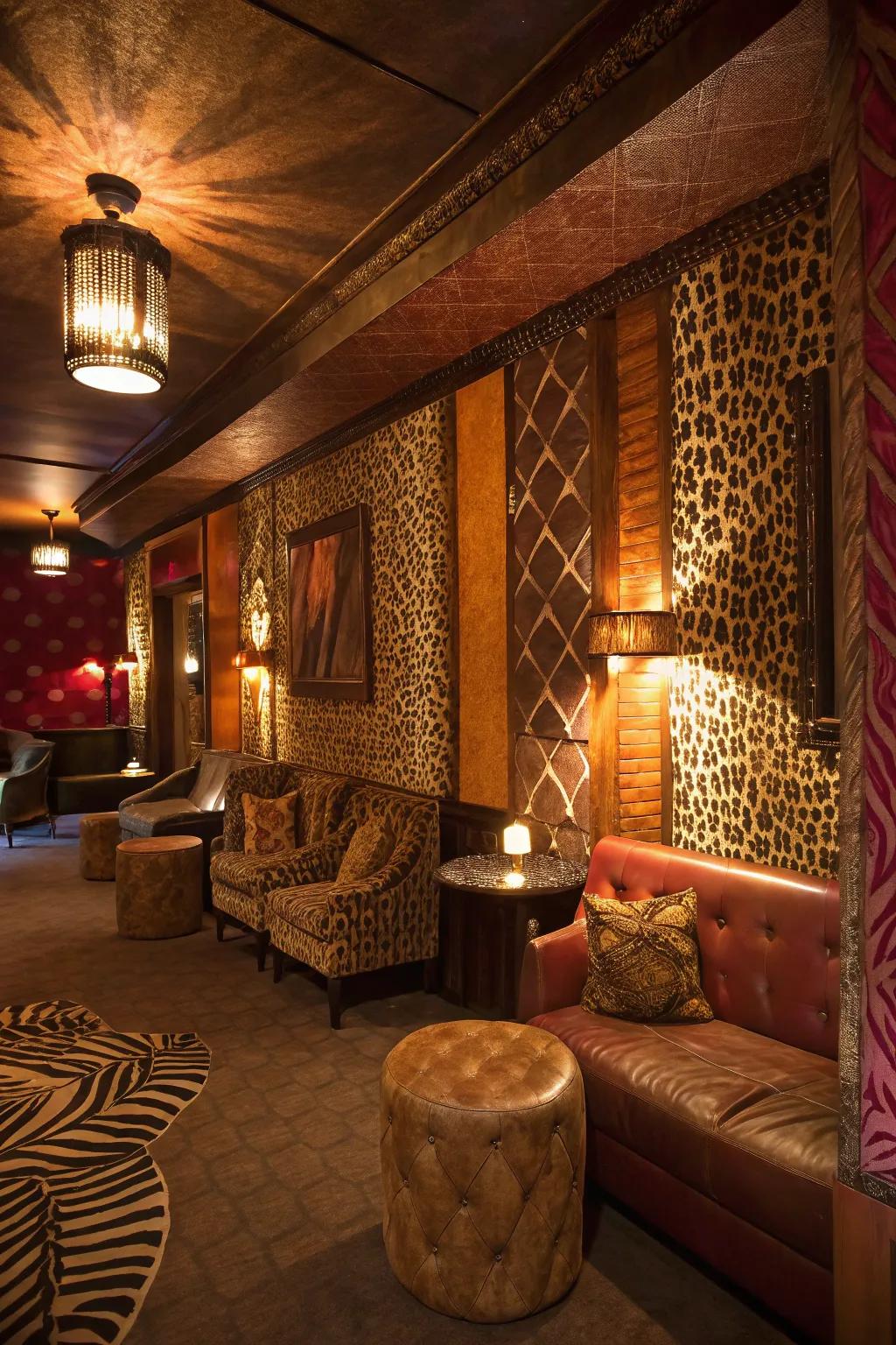 A lounge featuring walls textured like exotic animal skin.