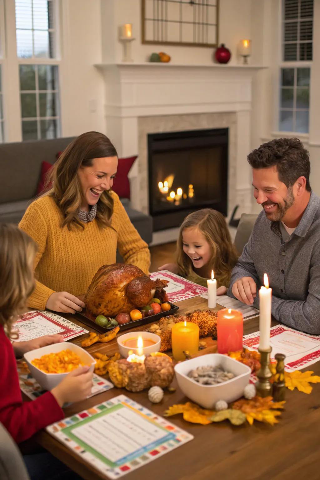 Family members deep in thought during a friendly Thanksgiving facts game.