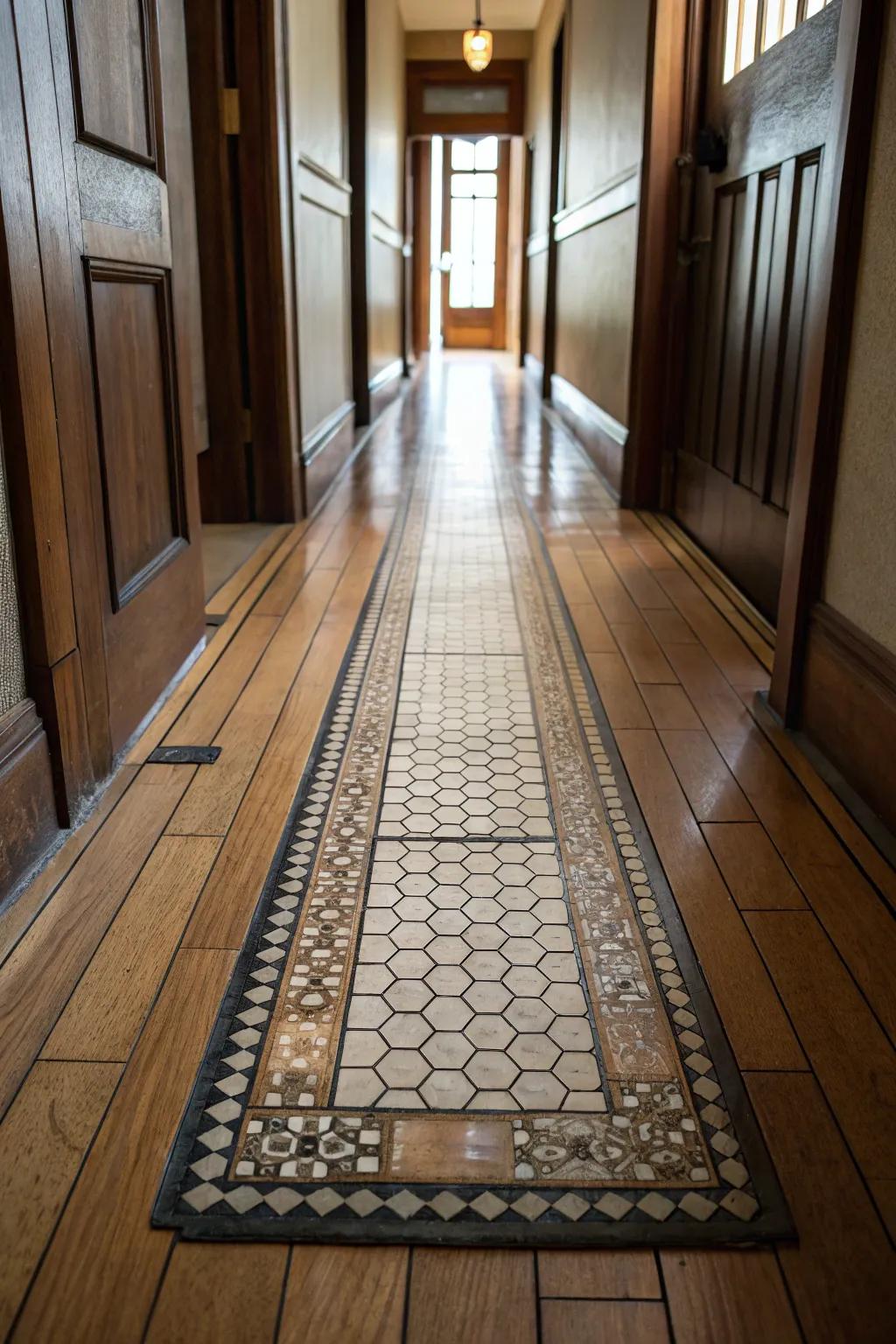 A tiled foot mat leads toward a wood floor.