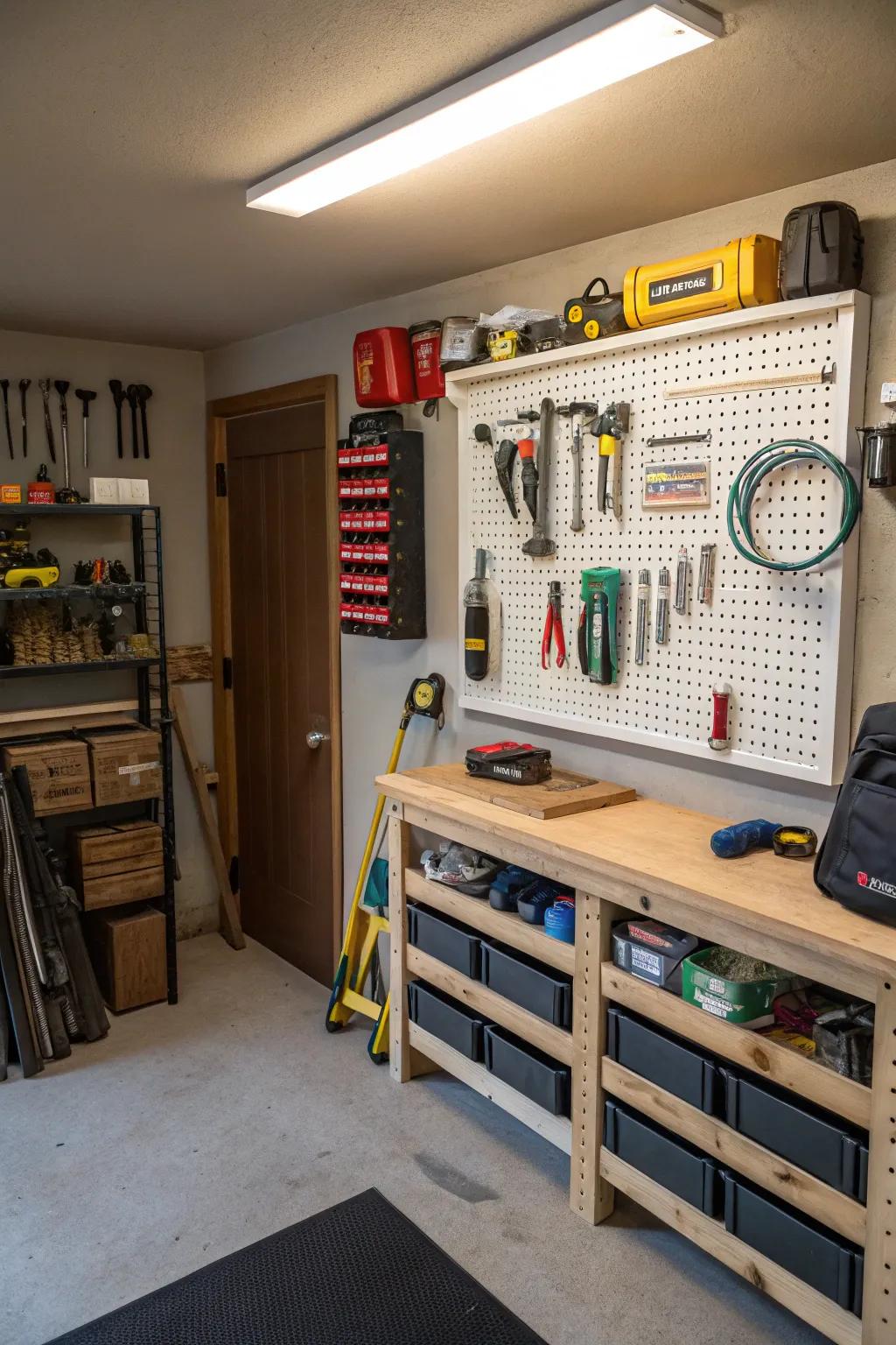 A pegboard organizes tools and gadgets in a compact personal haven.
