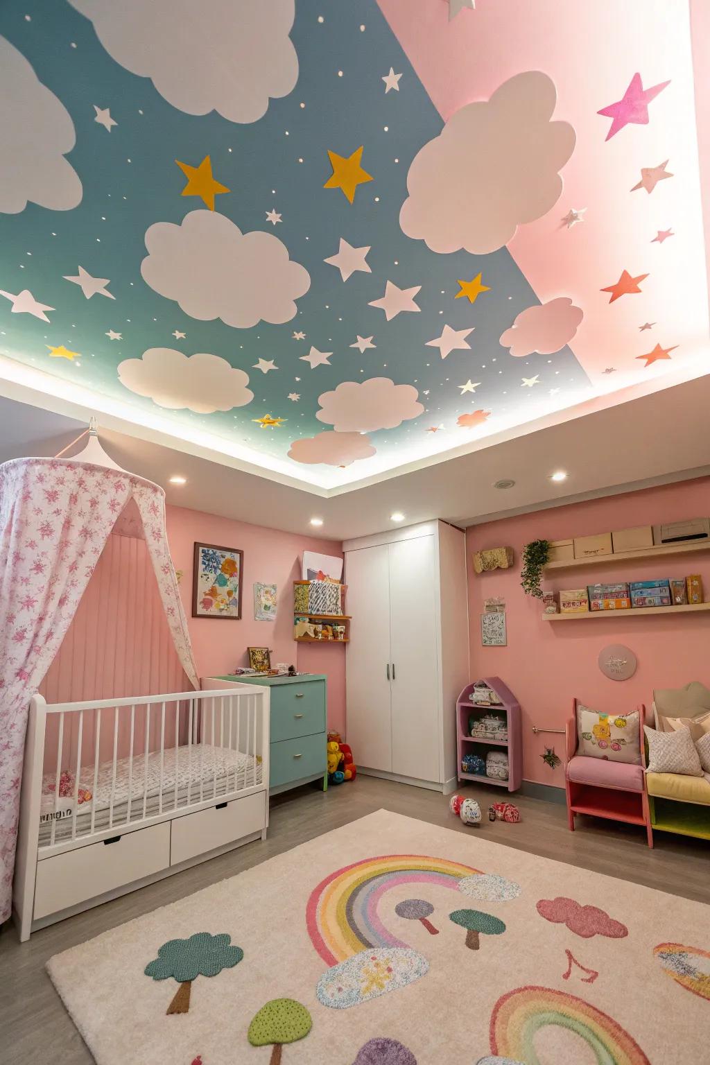A vibrant ceiling mural adds a surprise element.