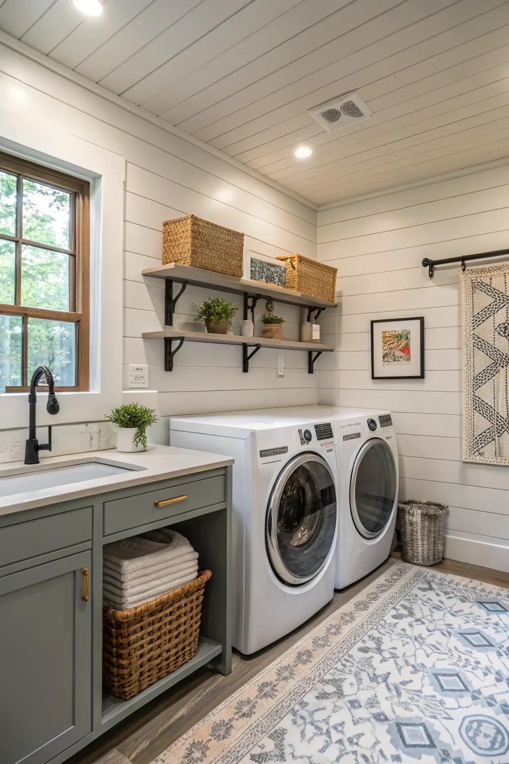 A fashionable laundry space made chic with painted shiplap walls.