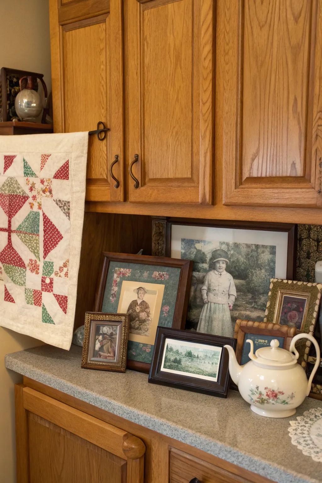 Infuse your kitchen with warmth through family treasures showcased above your cabinets.