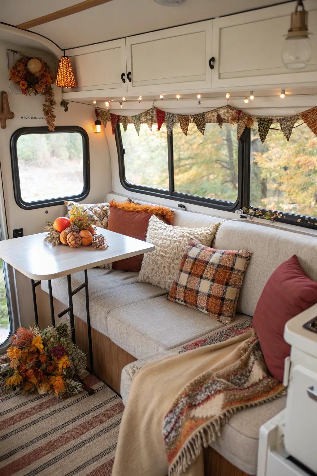 The decorations in this travel trailer change with the seasons for a fresh look.