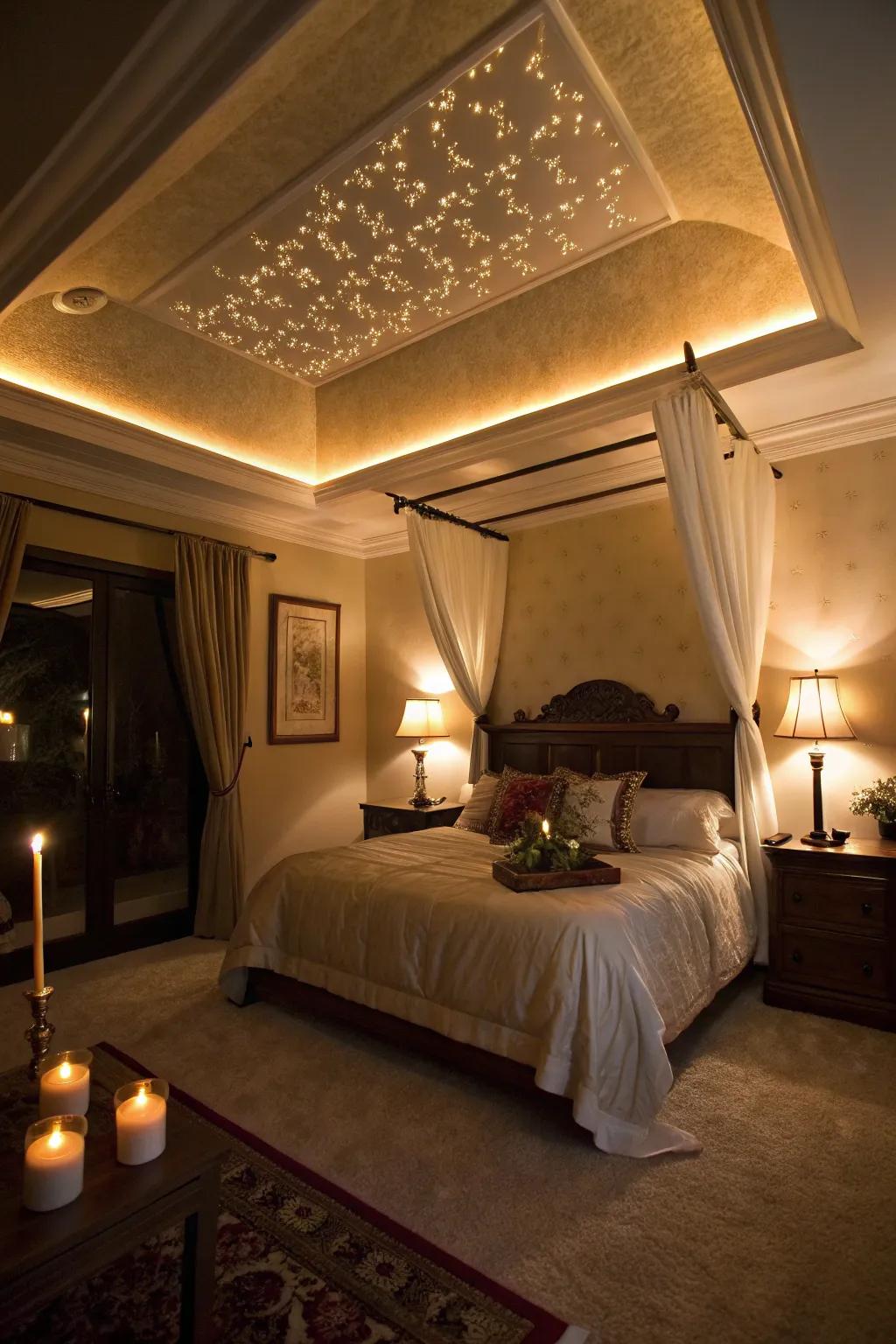 A romantic room design featuring a tray ceiling adorned with hidden lighting.