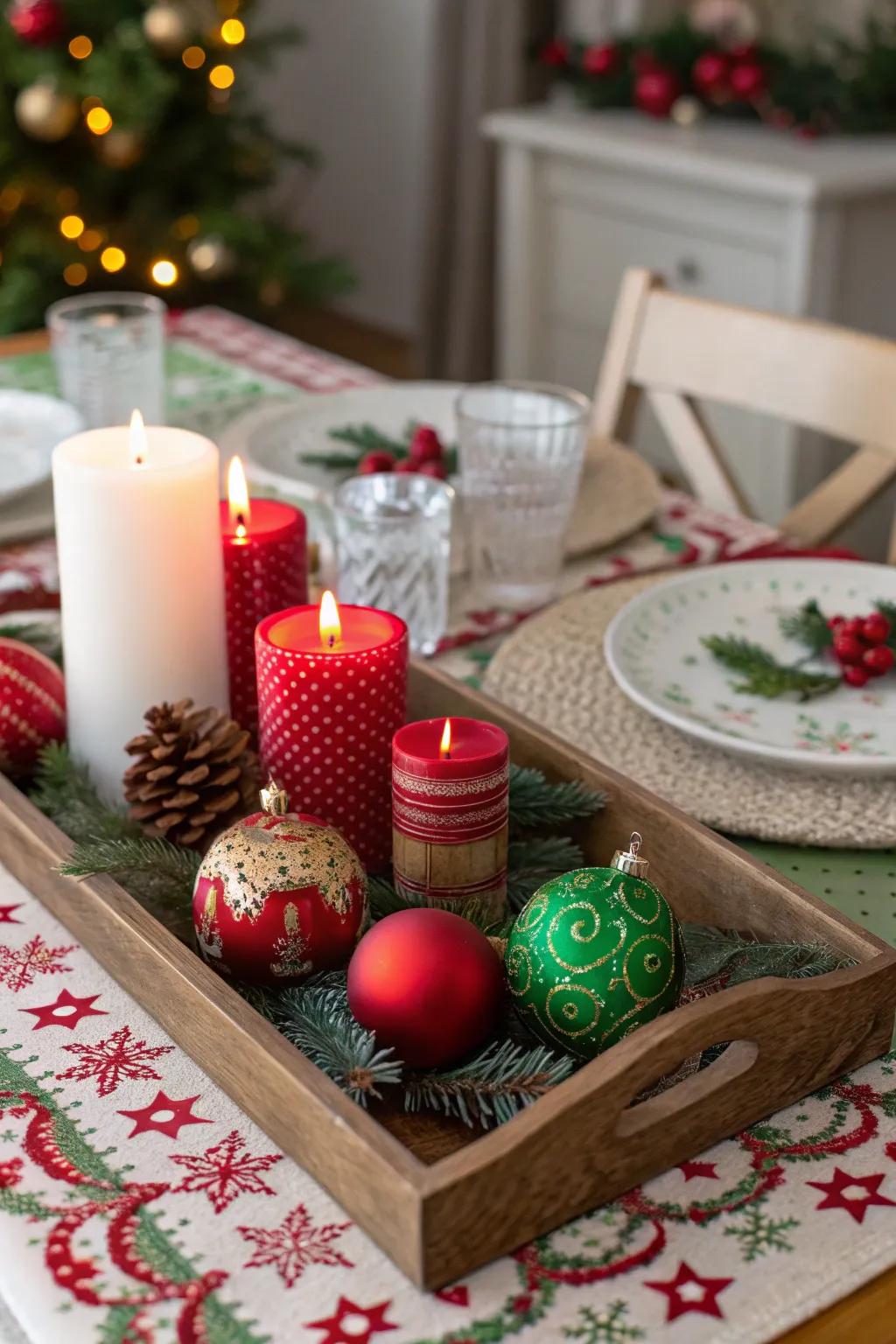A festive tablescape embellished through a holiday-themed tray decorating scheme.