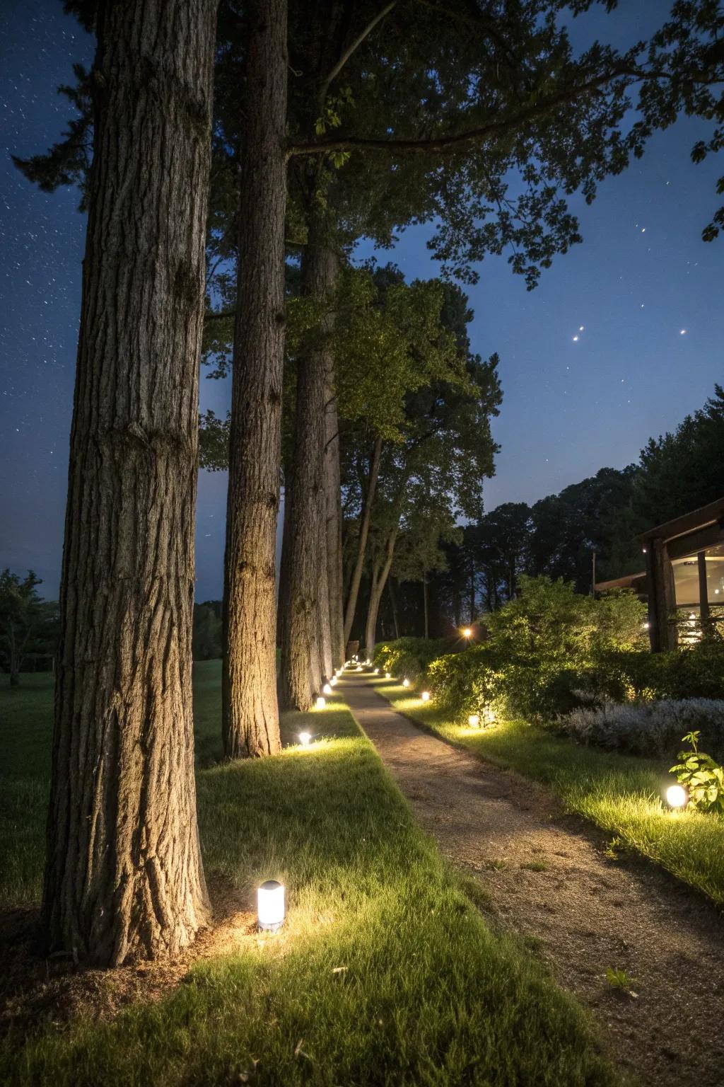 Motion sensor lights contribute a dynamic element to tree lighting.