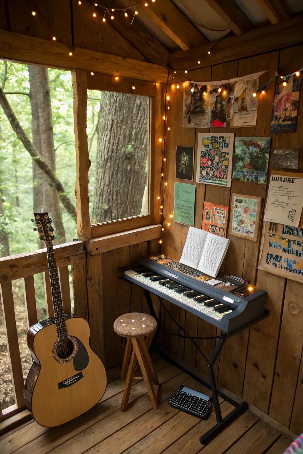 A music corner inside a treehouse, inspiring creativity with a guitar and small keyboard.