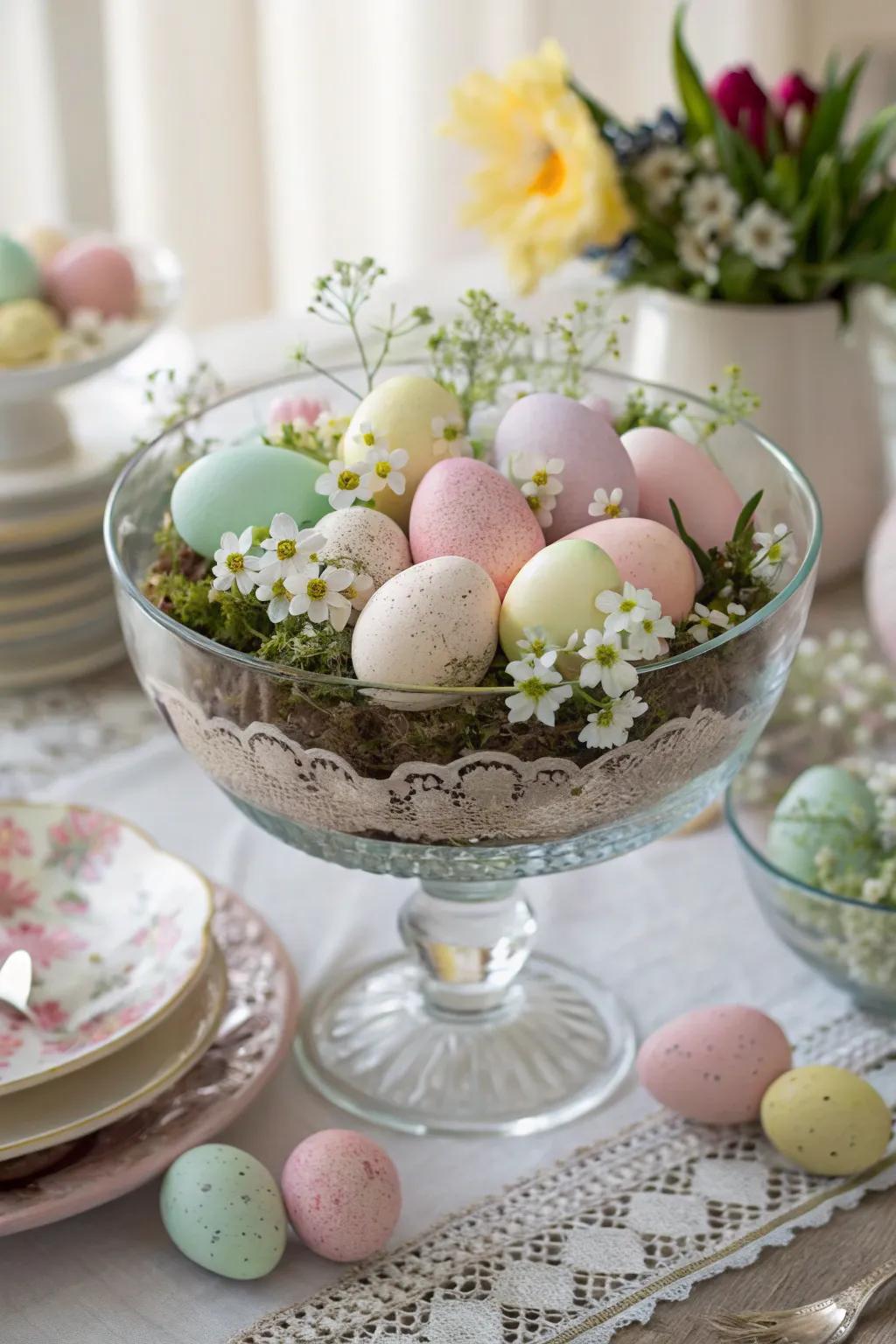 A presentation bowl exhibiting the delight of springtime using colorful eggs.