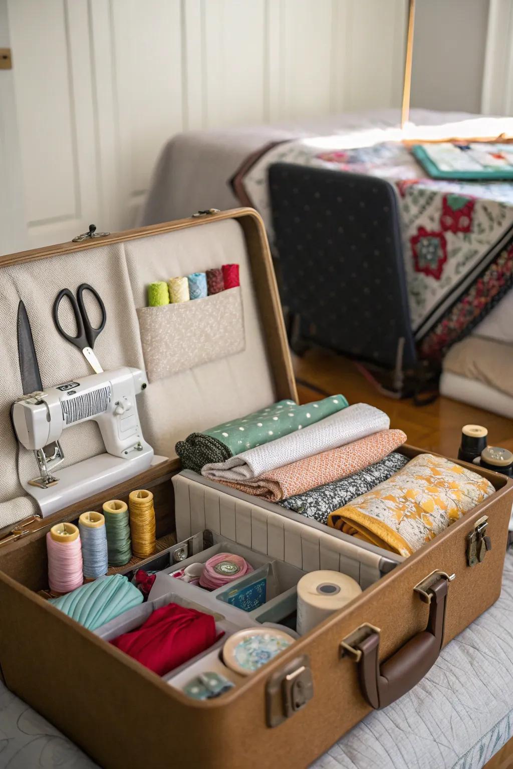 A trunk is repurposed as a sewing station, suitable for creative projects.