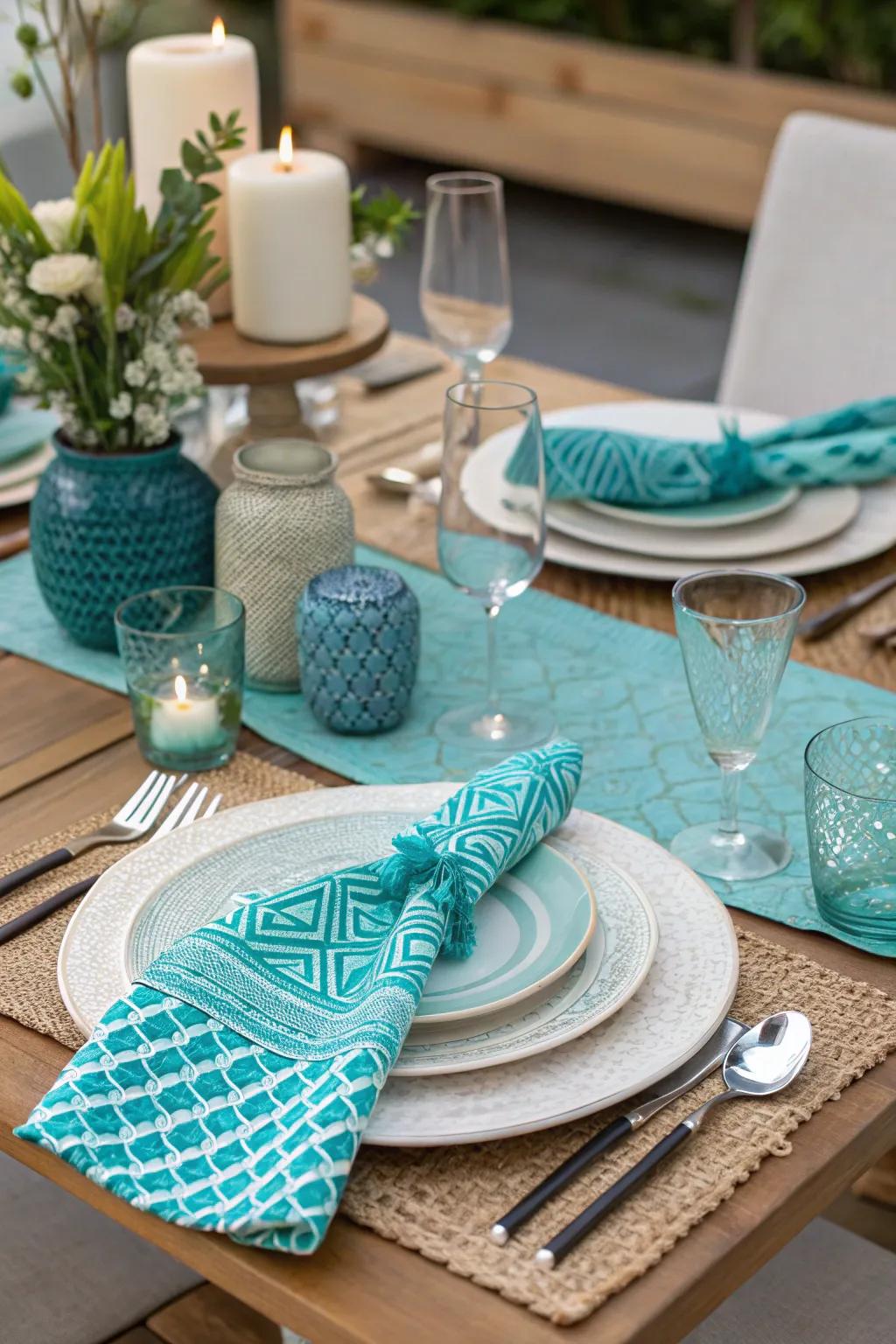 A mix of designs creates a playful and visually dynamic table setting.