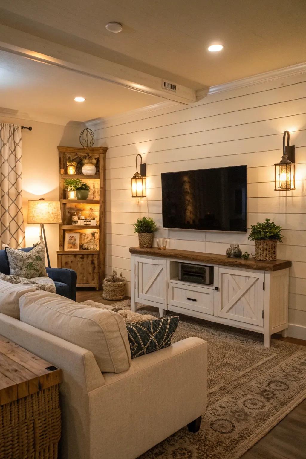 Paneling delivers cozy allure to this TV feature wall, perfect for farmhouse style.