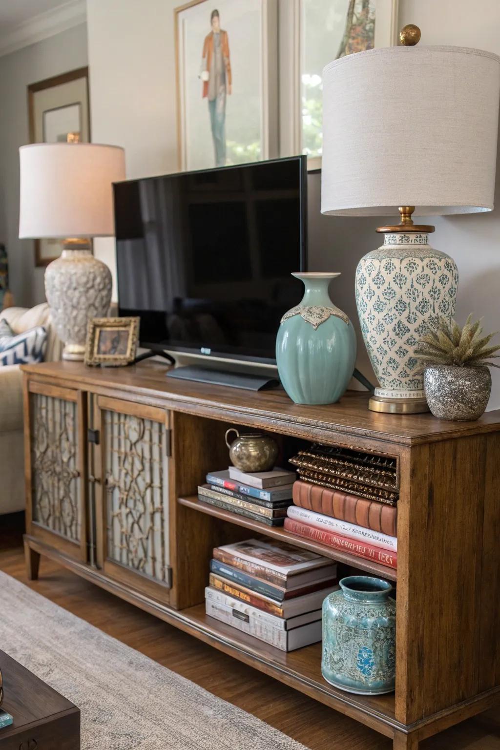 Eclectic mix of objects and styles showcased on a TV stand.