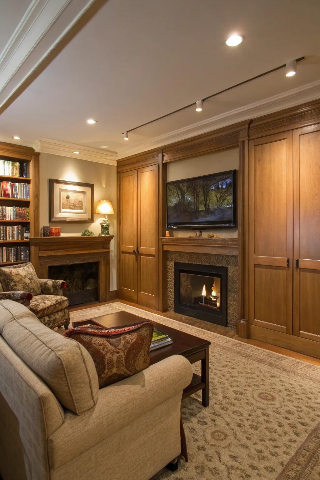 A living room with a TV concealed behind ornamental panels.