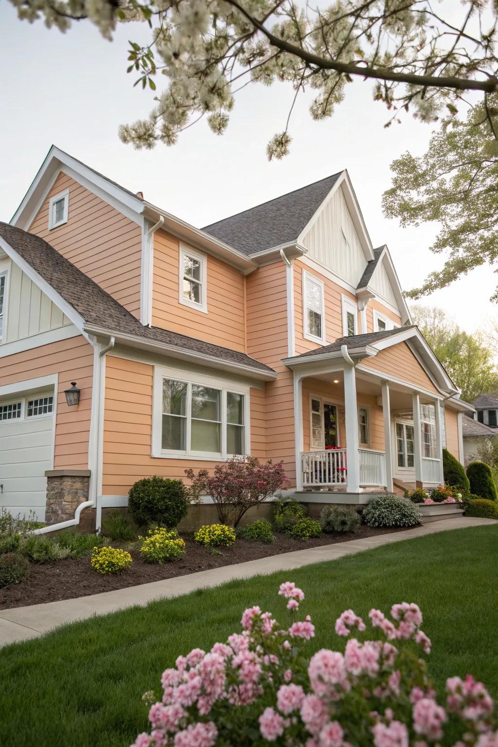 Peach and white create a soft, welcoming facade.