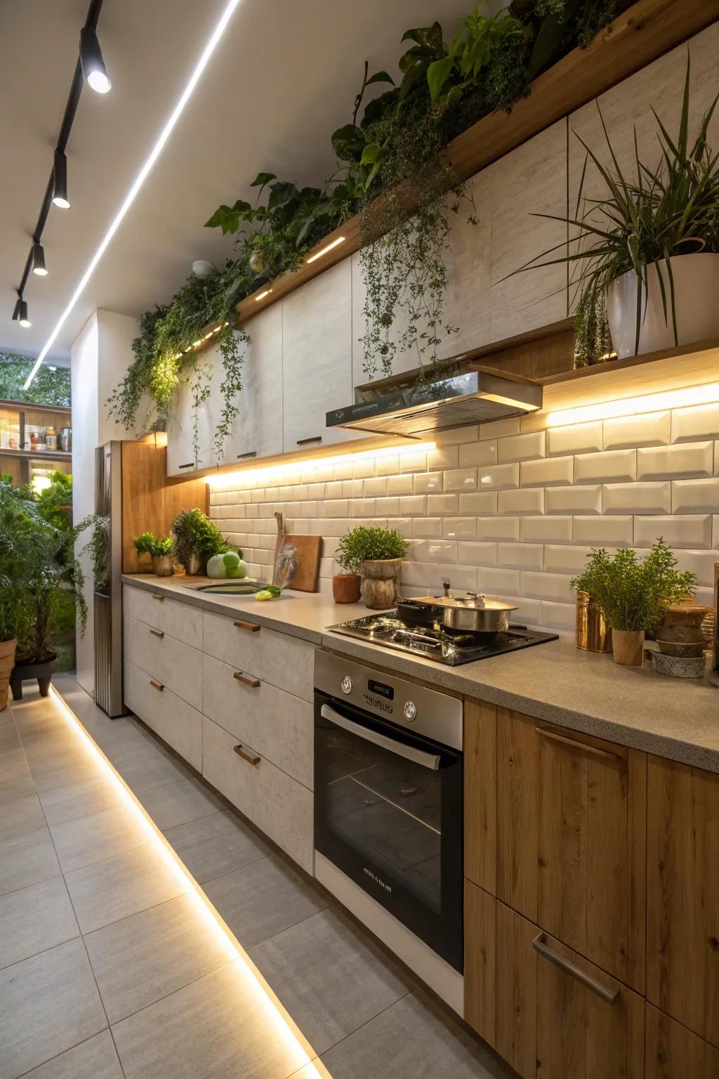 Eco-friendly LED lights deliver efficient and sustainable kitchen illumination.