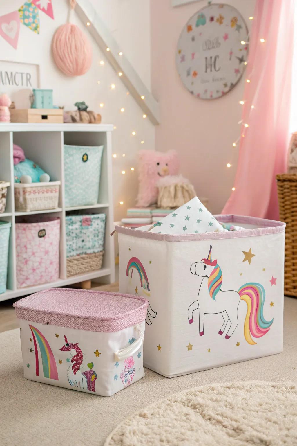 Unicorn-themed storage solutions keep the magic organized.