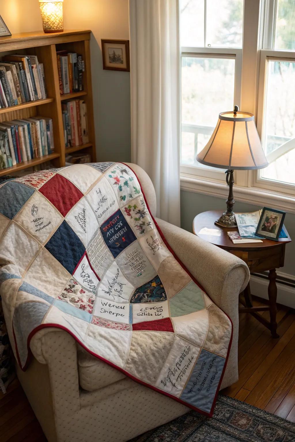 Attendees sign fabric squares to fashion a cherished quilt.