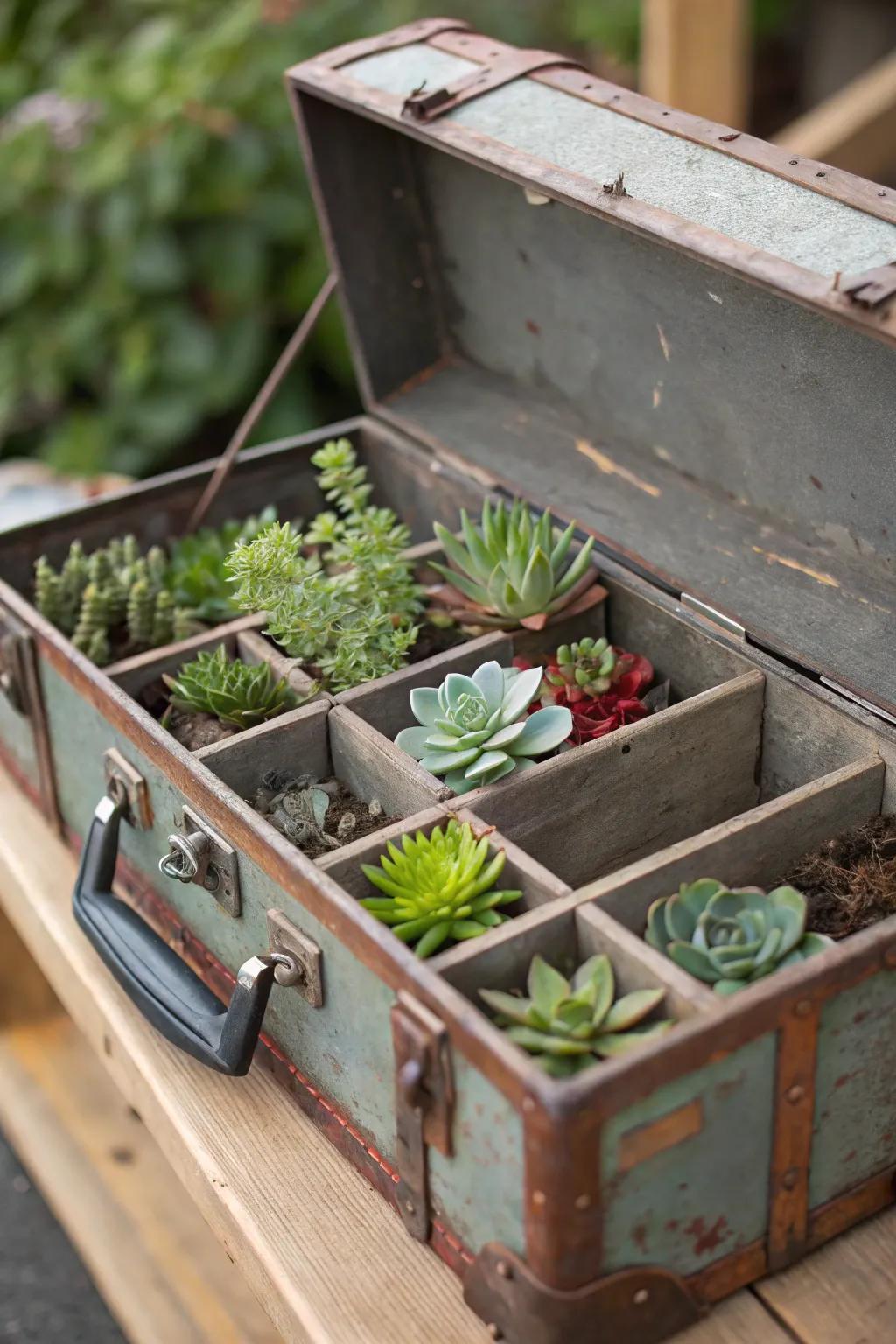 An antique toolbox reimagined as a structured succulent display.