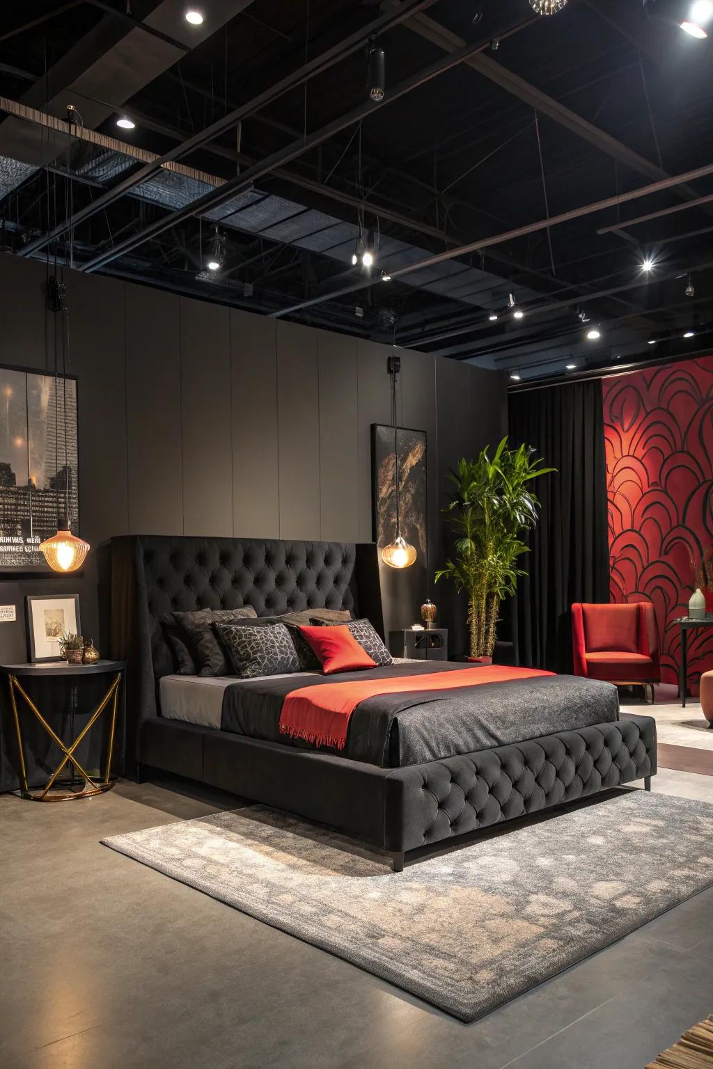 A black covered bed introduces bold sophistication to this room.