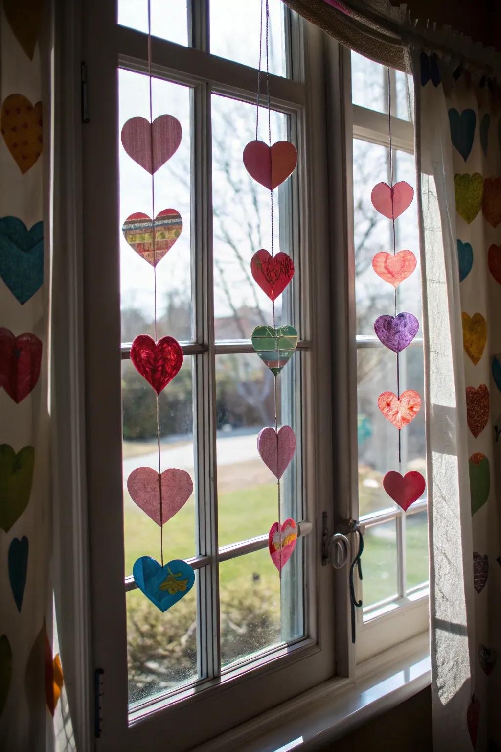 Playful heart decorations inside the house window
