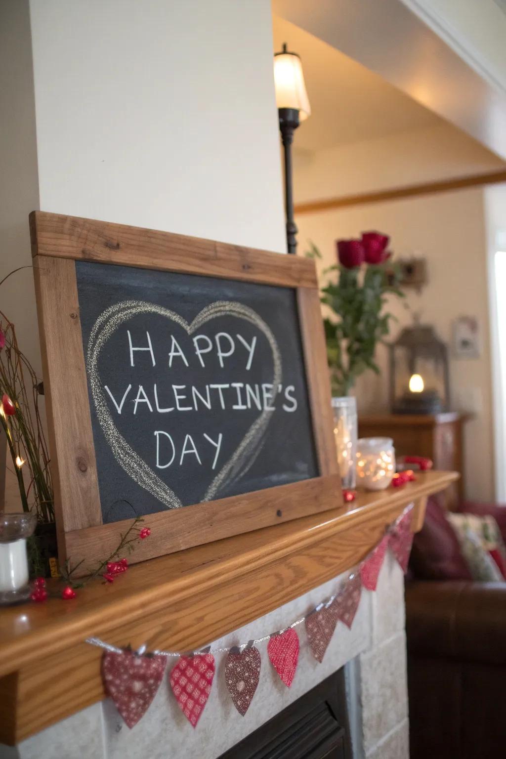 A delightful chalkboard placard injects a tailored impression into the mantel.
