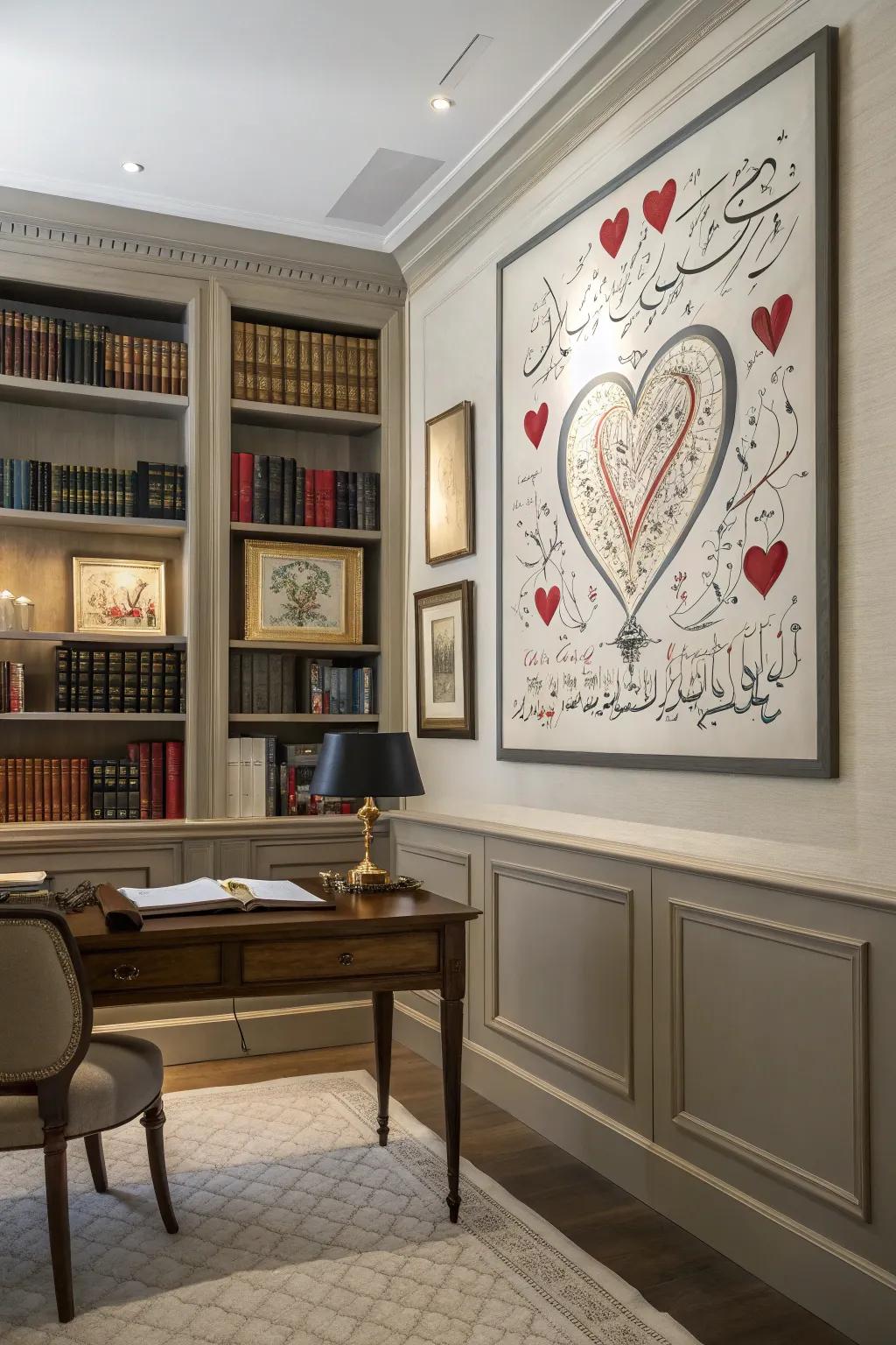 Affectionate script paintings infuse elegance and charm.