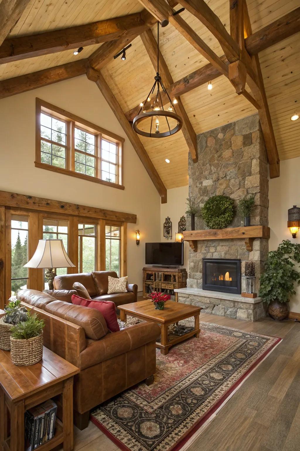 Motivation stemming from the outdoors apparent through beams with edges in a genuine condition on a vaulted ceiling.