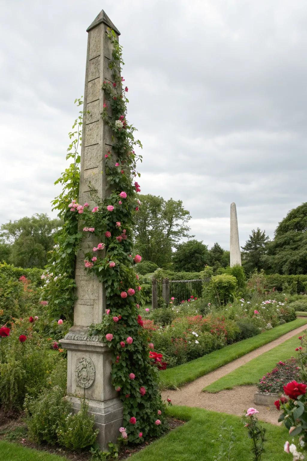 Obelisk trellises contribute upright sophistication to your garden.
