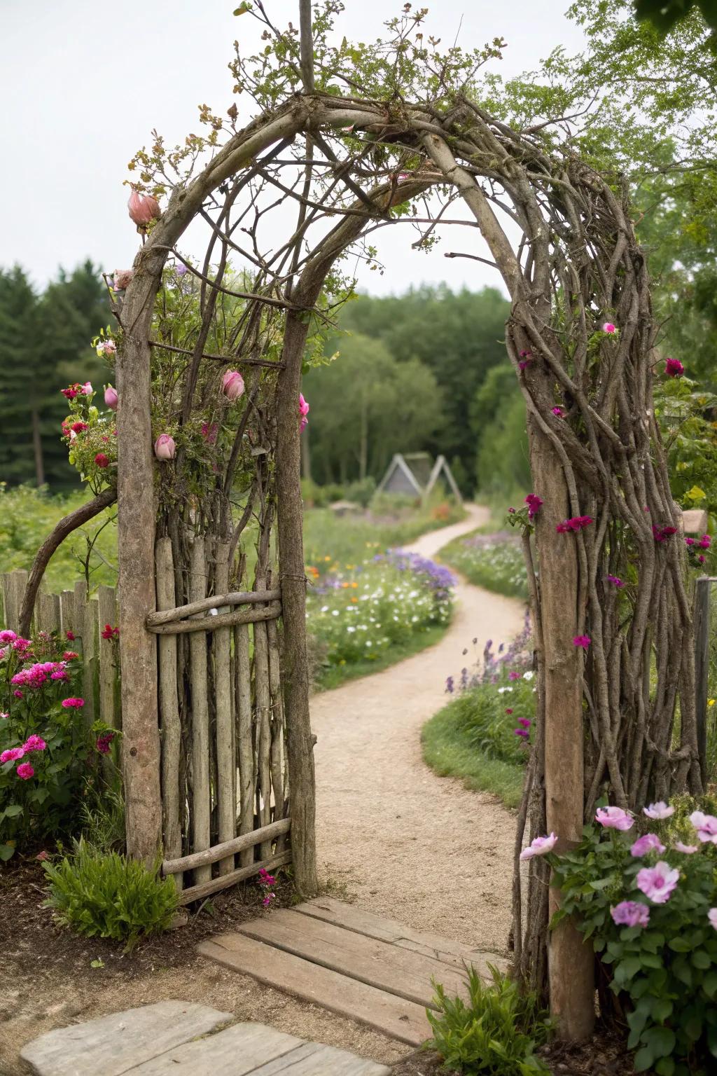 An enchanting branch gate for a fairy-tale yard.