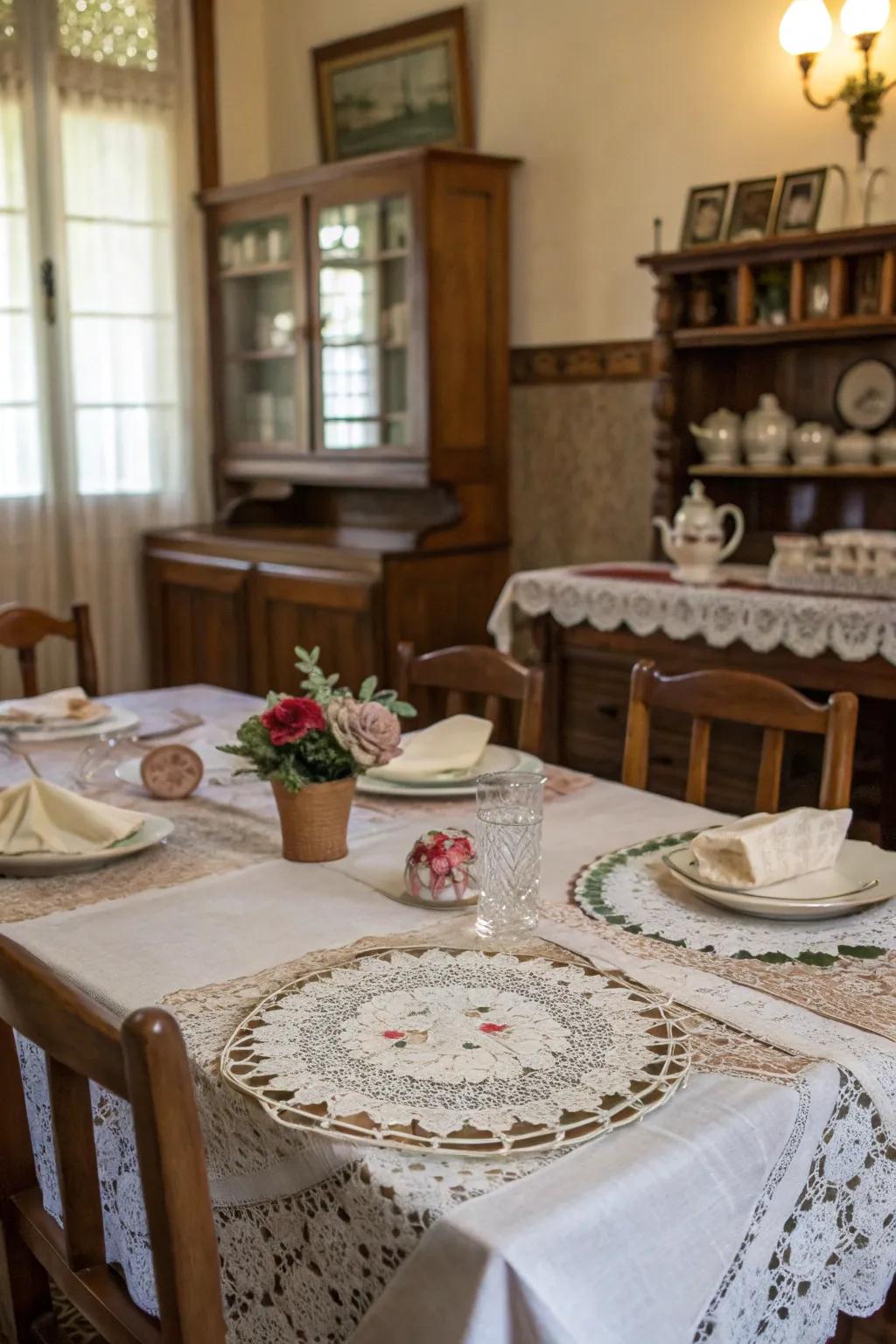 Lace and linen append delicate elegance to your festive table.