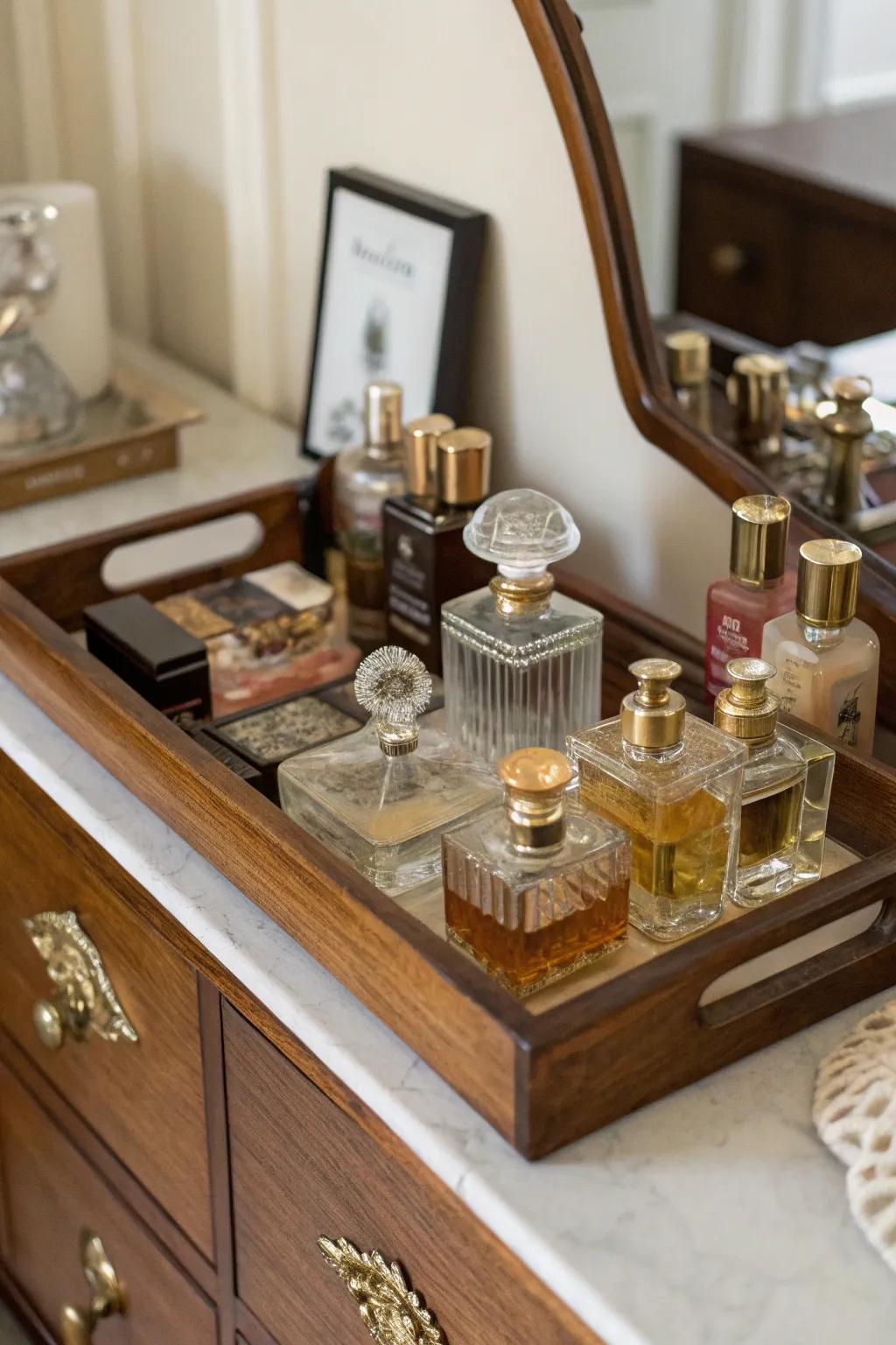 Vintage trays add organized elegance.