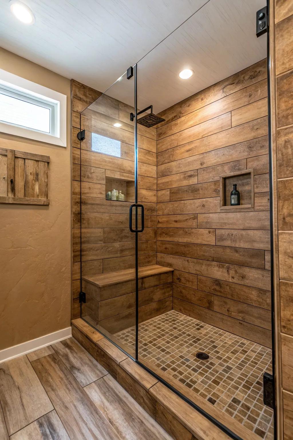 Wood-style tiles bring warmth and comfort to your bathroom.